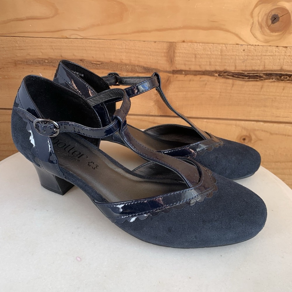Hotter Viviene T Strap Kitten Heel Pumps Blue Suede Vintage Style Pin Up Sz 5/36